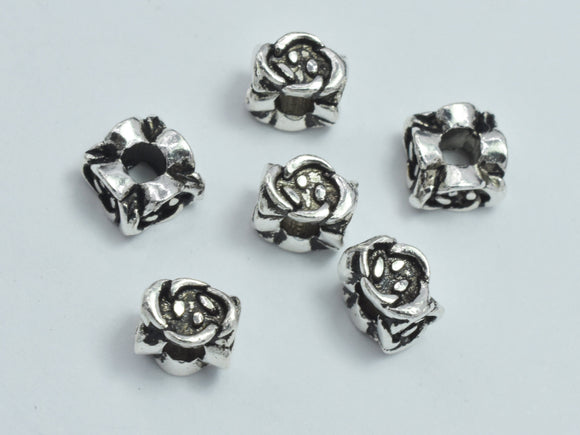 4pcs 925 Sterling Silver Beads-Antique Silver, 5.5x5.5mm, Square Beads, Flower Beads, Rose Beads-BeadDirect