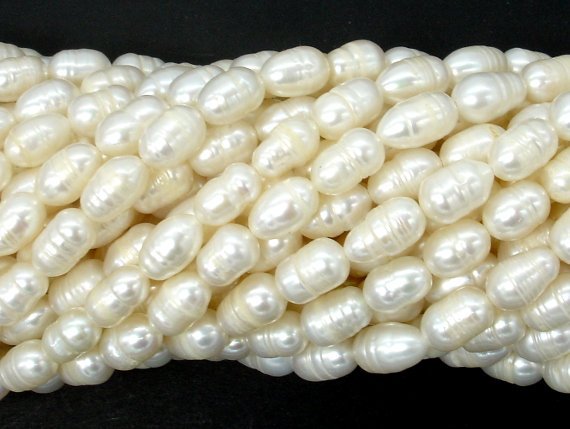 Fresh Water Pearl Beads, Rice, White, 6x(8-9)mm-Pearls & Glass-BeadDirect