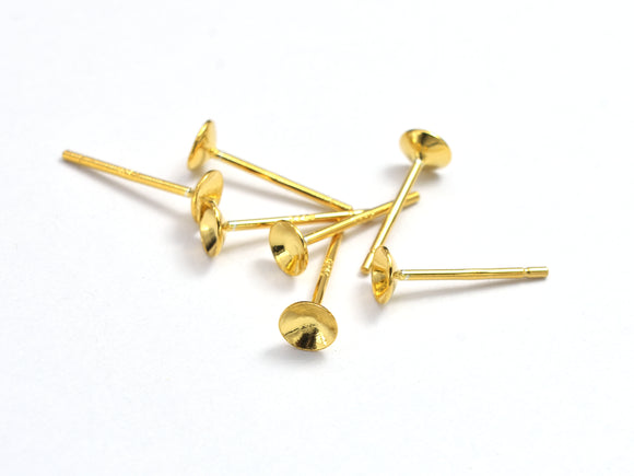 10pcs (5pairs) 24K Gold Vermeil Earring Cup Stud Posts, 925 Sterling Silver Stud Posts, 4mm Cup, 12mm Long 08028)-BeadDirect