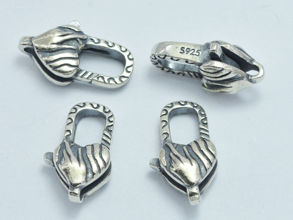 1pc 925 Sterling Silver Lobster Claw Clasp-Antique Silver, Heart Clasp, 14x8mm-BeadDirect