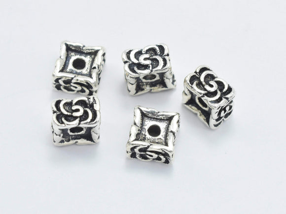 2pcs 925 Sterling Silver Beads-Antique Silver, 6x6mm Square Beads, Flower Beads-Metal Findings & Charms-BeadDirect