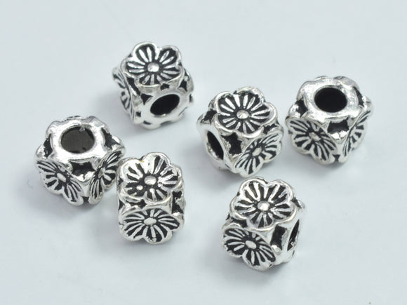 4pcs 925 Sterling Silver Beads-Antique Silver, 4.7x4.7mm Cube Beads, Flower Beads-BeadDirect