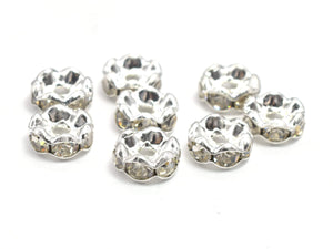 Rhinestone, 8mm, Finding Spacer Round, Clear, Silver plated Brass, 30 pieces-Metal Findings & Charms-BeadDirect