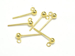 10pcs (5pairs) 24K Gold Vermeil Ball Earring Stud Posts, 925 Sterling Silver, with Open Loop, 14mm-Metal Findings & Charms-BeadDirect