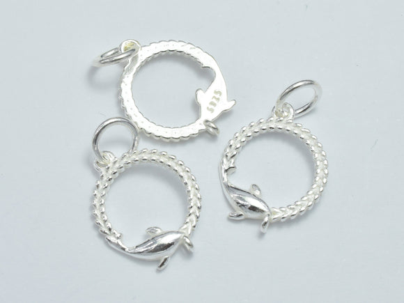 2pcs 925 Sterling Silver Charms, Dolphin Charms, 12.5mm Circle-BeadDirect