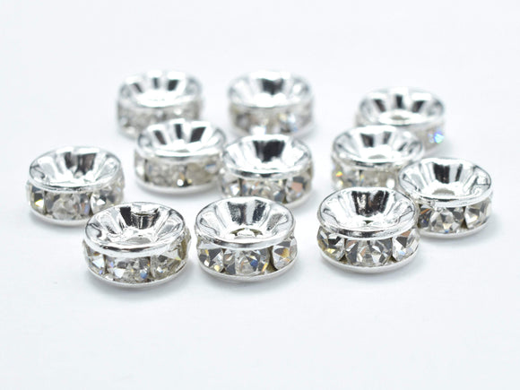 Rhinestone, 8mm, Finding Spacer Round,Clear,Silver plated Brass, 30pcs-Metal Findings & Charms-BeadDirect