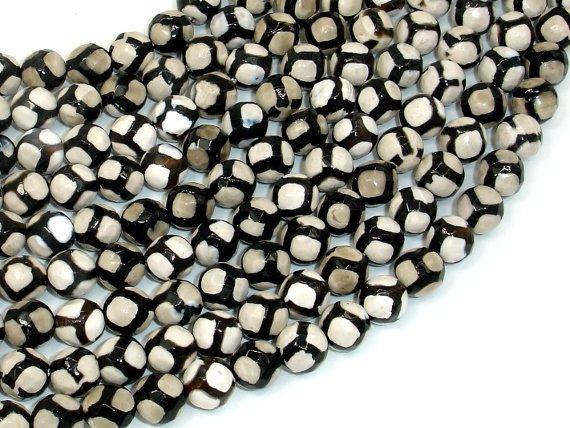 Tibetan Agate Beads-Black, White, 8mm Faceted Round Beads-Gems: Round & Faceted-BeadDirect