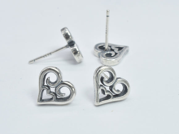 2pcs (1pair) 925 Sterling Silver Heart Earring Stud Post, 9.6x8.8mm Heart, 11mm Long-BeadDirect