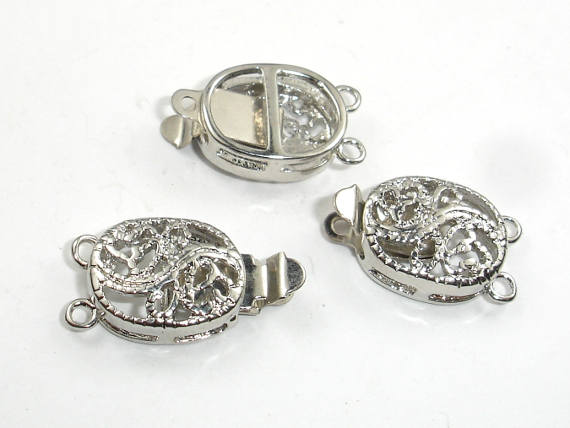 Oval Filigree Box Clasps, Rhodium Plated, 1 and 2 strand, 3pcs-Metal Findings & Charms-BeadDirect