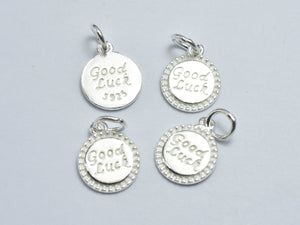 2pcs 925 Sterling Silver Coin Charm, "Good Luck" Charm, 10mm-BeadDirect
