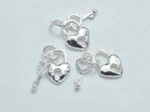 2sets 925 Sterling Silver Charms, Key and Heart Lock Charms, Heart 8x11mm, Key 15x5mm-BeadDirect