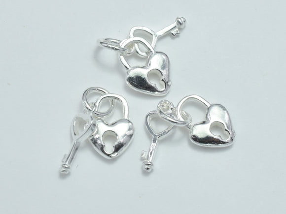 2sets 925 Sterling Silver Charms, Key and Heart Lock Charms, Heart 8x11mm, Key 15x5mm-BeadDirect