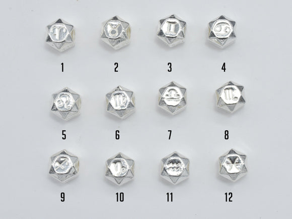 1pc 925 Sterling Silver Astrology Sign Beads, 7.8mm, Hexagon Beads, Zodiac Sign Beads, Big Hole 2.8mm-BeadDirect