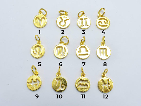 1pcs 24K Gold Vermeil Astrology Sign Charms, 925 Sterling Silver Charms, 9.2mm Coin Charms-Metal Findings & Charms-BeadDirect