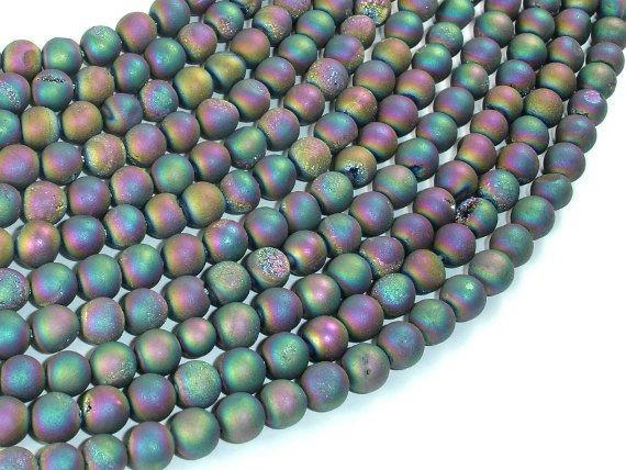 Druzy Agate Beads, Matte, Peacock Geode Beads, 6mm Round Beads-Agate: Round & Faceted-BeadDirect