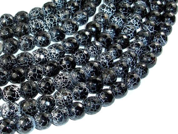 Black Crackle Agate, 10mm (9.5mm) Faceted Round Beads, 14 Inch-Agate: Round & Faceted-BeadDirect