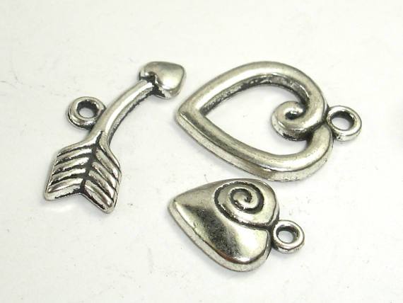 Heart Toggle Clasps , Antique Silver Tone, Ring 6 sets-Metal Findings & Charms-BeadDirect