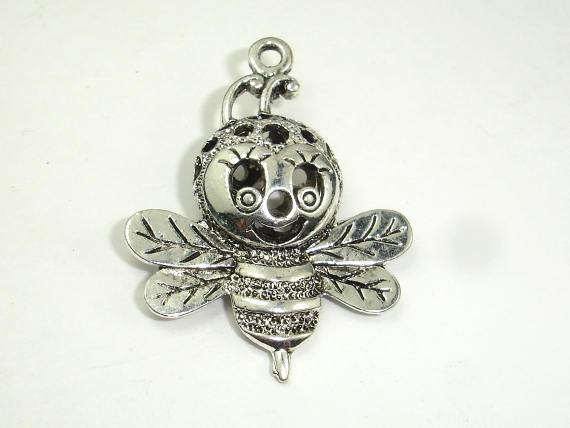 Metal Charms - Honey Bee Pendant, Zinc Alloy, Antique Silver Tone 2pcs-Metal Findings & Charms-BeadDirect