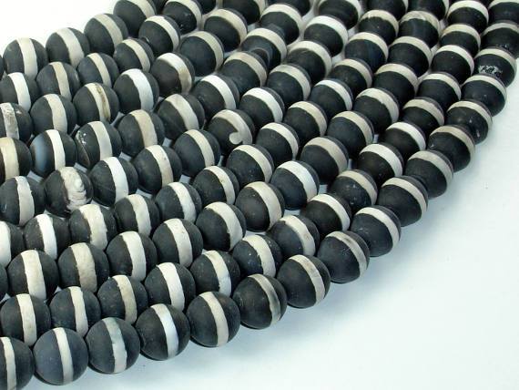 Matte Black Onyx Beads, with White Line, 8mm Round Beads-Gems: Round & Faceted-BeadDirect