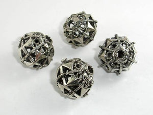 Metal Beads, Metal Hollow Round Spacer, Zinc Alloy, Antique Silver Tone 2pcs-Metal Findings & Charms-BeadDirect