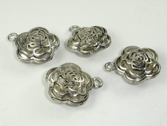 Metal Charms, Hollow Flower Pendant, Zinc Alloy, Antique Silver Tone 2pcs-Metal Findings & Charms-BeadDirect