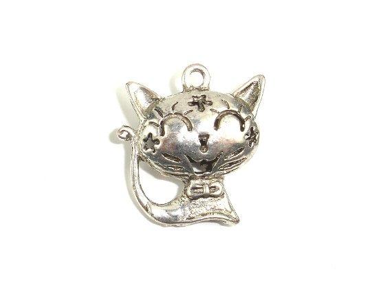 Metal Charms - Animal Kitty Pendant, Zinc Alloy, Antique Silver Tone, 2pcs-Metal Findings & Charms-BeadDirect