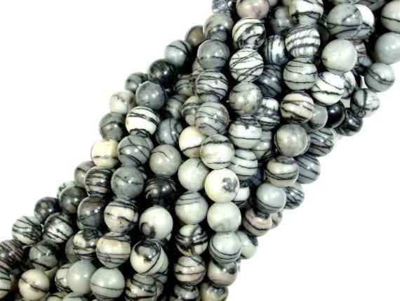Black Line Jasper Beads, Silk Stone, Spider Web Jasper, Round, 6mm-Gems: Round & Faceted-BeadDirect